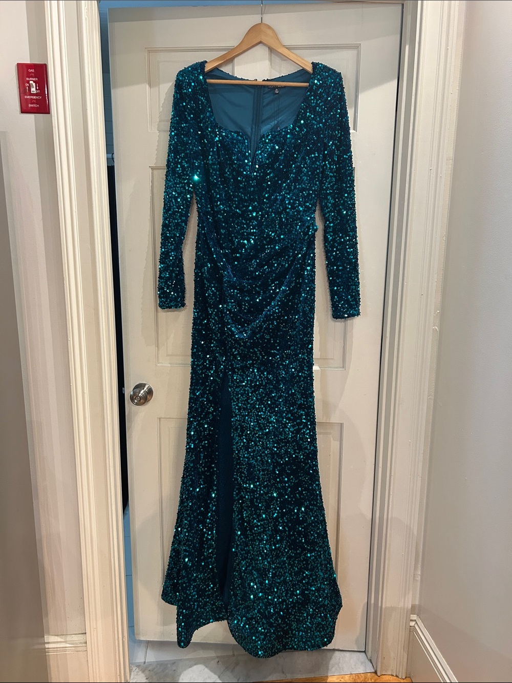 Fashion Nova Teal Sequin Long Sleeve Gown